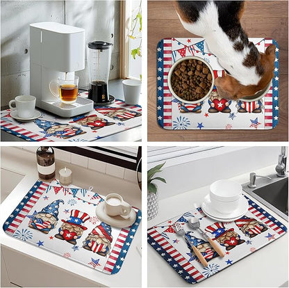 4th of July Gnomes Dish Drying Mat Patriotic Gnome Large Kitchen Mat Dish Drying Pad Absorbent Dish Dryer Mat for Kitchen Countertops Microfiber Drainer Pad Dish Drying Rack Mat (18x24 in)
