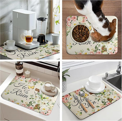 Easter He Is Risen Dish Drying Mats Spring Floral Dish Mat Easter Cross Drying Matt Dishes Dryer Pad for Kitchen Counter Absorbent Microfiber Washable Foldable Reusable 18x24 in