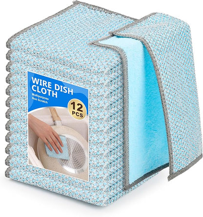 12Pack Multipurpose Wire Dishwashing Rags, Upgrade Non Scratch Wire Dishcloth, for Wet and Dry Use, Reusable Metal Scrubbing Microfiber Clean Cloths for Home/Kitchen/Stove(Blue)