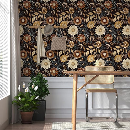 Extra Long Vintage Wallpaper Peel and Stick, 17.5" x 393" Boho Dark Floral Sunflower Contact Paper for Bedroom Cubicle Door, Retro Abstract Removable Antique Wall Paper Art Decor Black Orange