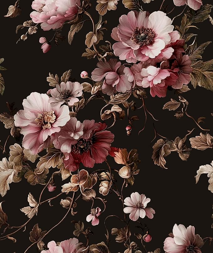 Black Floral Wallpaper Peel and Stick Pink Peony Vintage Flowers with Dark Brown Leaf Vinyl Self Adhesive Removable Contact Paper Wall Mural for Bedroom Walls Living Room Cabinets Decor 17.5" x 118"