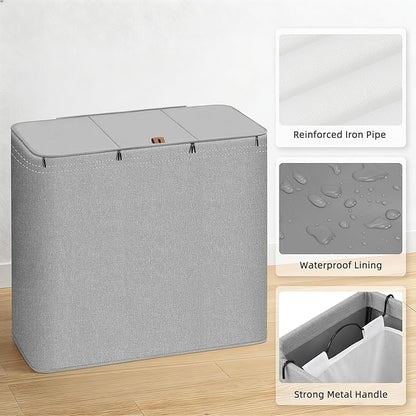 STORAGE MANIAC Triple Laundry Hamper with Lid, 180L Tall Metal Frame Laundry Baskets with Removeable Bag, Large Clothes Hamper with PU Tag, Laundry Bin for Dorm, Collage, Bathroom, Bedroom, Gray