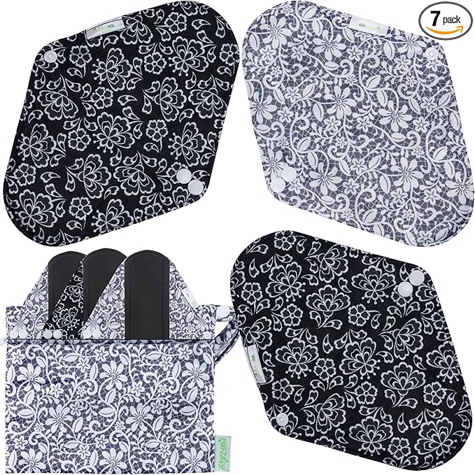 Wegreeco Reusable Menstrual Pads - Soft Cloth Sanitary Pads | Panty Liners - 6 Pack with 1 Cloth Wet Bag (Black, Grey Lace, Large)