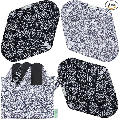 wegreeco Charcoal Reusable Menstrual Pads - Reusable Sanitary Pads | Reusable Panty Liners | Soft Cloth Menstrual Pads - 6 Pack with 1 Cloth Wet Bag (Black, Grey Lace, Small)