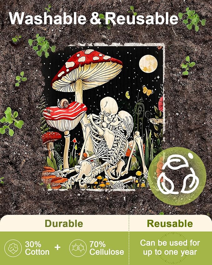 Swedish Dishcloths for Kitchen - 5 Pack Reusable Dish Cloths for Washing Dishes Absorbent Cute Funny Kitchen Towels Cleaning Sponge, Skull Design