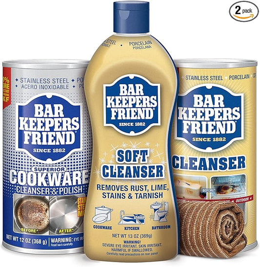 Bar Keeper Granite Bundle - with Soft Cleanser (13oz), Powder Cleanser (12oz), Powder Cookware Cleanser & Polish (12oz), Granite & Stone Microfiber Cloth