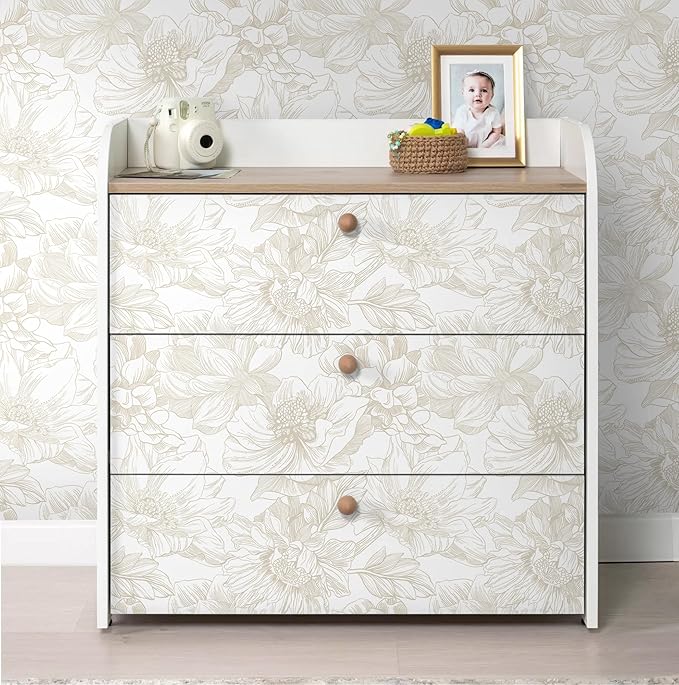 Ismoon Large Floral Peel and Stick Wallpaper Boho Beige/Coffee Contact Paper 17.3inx49ft Modern Wall Paper Removable Self Adhesive Bedroom Cabinet Bathroom Waterproof Mural Wall Decor Vinyl Roll
