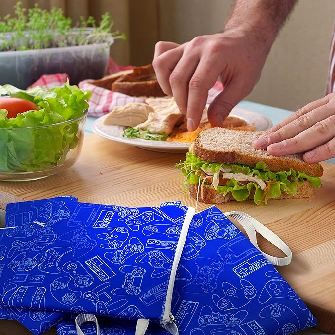 Nordic By Nature Reusable Sandwich Bag Snack Bags - Value Pack of 5 Dual Layer Lunch Baggies - Dishwasher Safe - Eco Friendly Cloth Wraps - Easy Open Zipper (Gamer Blue)