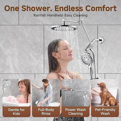 BRIGHT SHOWERS Rain Shower Head with Handheld Spray, High Pressure Dual Shower Head Combo, Adjustable Extension Arm & Slide Bar, 9 Spray Modes Built-in Power Wash, 3-Way Diverter, 69" Hose, Chrome