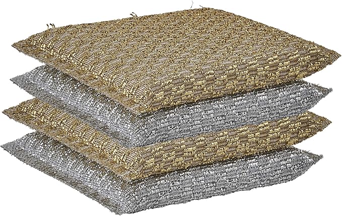 Gold and Silver Kitchen Sponge Scrubber, Heavy Duty Metallic Sink, Pot, Dish Washing Scrubber Non-Scratch, Non-Metal, Kosher Sponge, Pack of 4 (Superio)