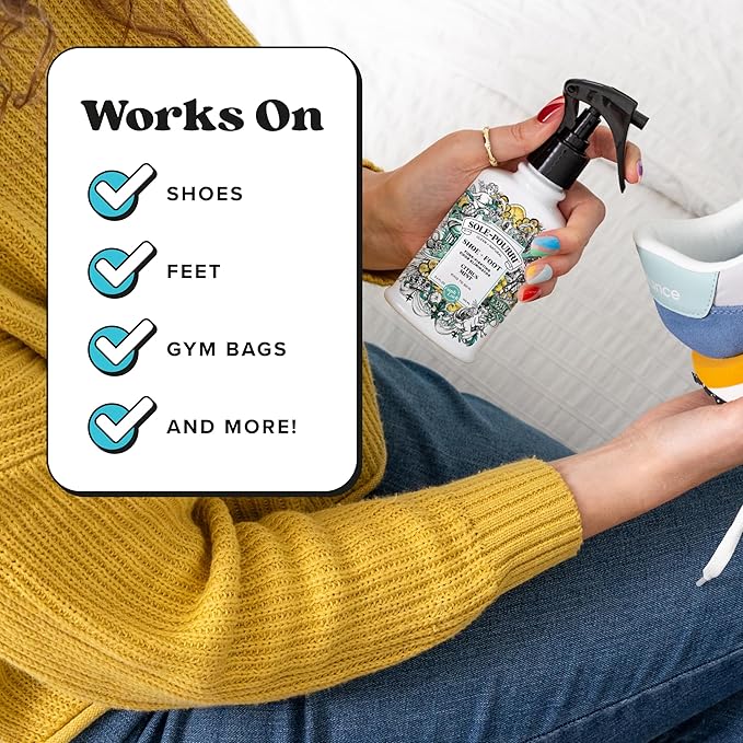 Sole-Pourri Shoe Deodorizer + Foot Spray, 3.4 Fl Oz, Up to 150 Uses, Funk-Fighting Odor Freshener with Essential Oils, for Smelly Shoes, Feet & Gym Bags, Citrus & Mint Scent