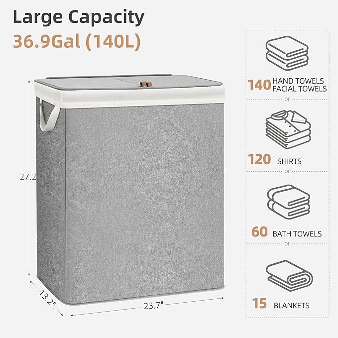 STORAGE MANIAC Double Laundry Hamper with Lid, 140L Tall Metal Frame Laundry Baskets with Removeable Bag, Large Clothes Hamper with PU Tag, Laundry Bin for Dorm, Collage, Bathroom, Bedroom, Gray