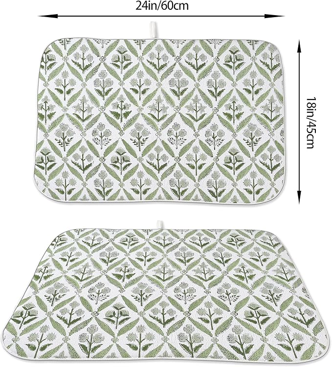 Boho Dish Drying Mat 18x24 Inches For Kitchen Counter Block Print Green Floral Kitchen Decoration Drying Mat Modern Decorative Flower Drying Pad Mat for Home Kitchen Decor,Dining Room,Office