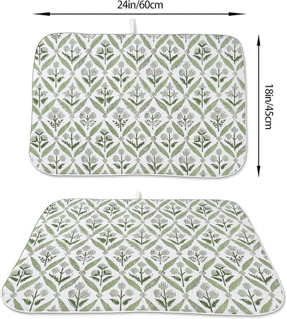 Boho Dish Drying Mat 18x24 Inches For Kitchen Counter Block Print Green Floral Kitchen Decoration Drying Mat Modern Decorative Flower Drying Pad Mat for Home Kitchen Decor,Dining Room,Office