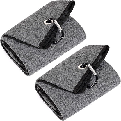 Mile High Life Tri-fold Golf Towel | 16" X 24" | Premium Microfiber Fabric | Waffle Pattern | with Heavy Duty Carabiner Clip | for Men and Women (2 Pack Dark Gray)