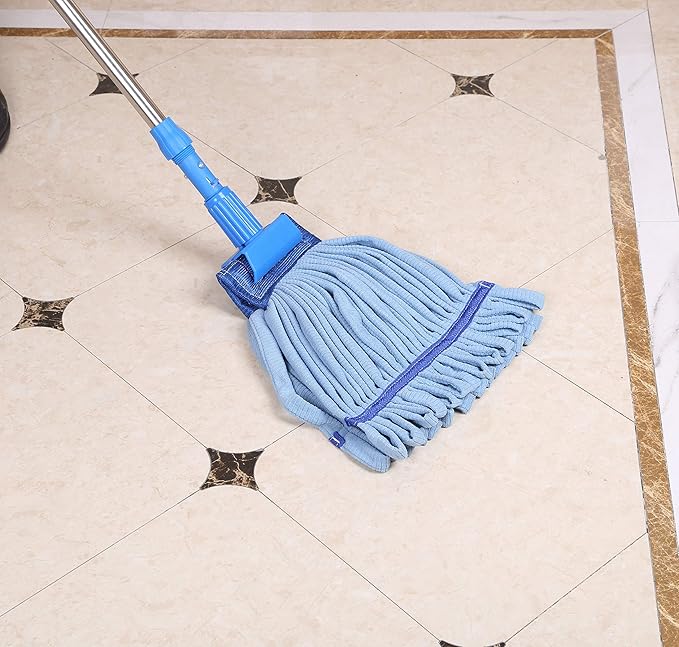 Industrial Strength Premium End Wet Mop Floor Cleaner Kit | Large, 24 Ounce Home Mop Set with Stainless Steel Extension Handle (Blue)