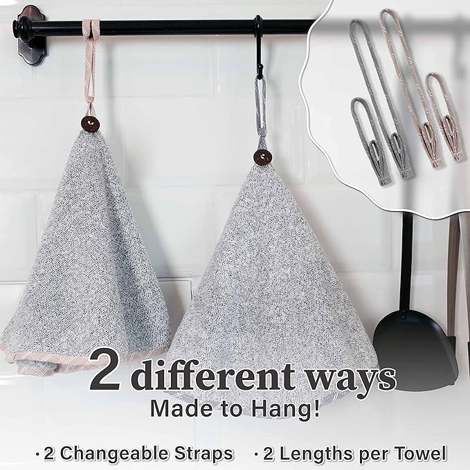 myHomeBody Hand Towels with Hanging Loops, Absorbent Charcoal Fiber Cleaning Clothes with Coconut Shell Button for Kitchen, Round Shape, Set of 2, Grey