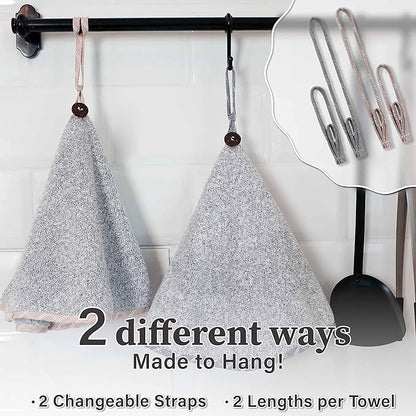 myHomeBody Hand Towels with Hanging Loops, Absorbent Charcoal Fiber Cleaning Clothes with Coconut Shell Button for Kitchen, Round Shape, Set of 2, Grey