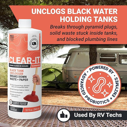 Unique Clear-It RV Black Tank Unclogger Liquid - Breaks Through Pyramid Plugs, Compacted Tanks, and Clogged Pipes (32 oz) Amazon Exclusive Packaging