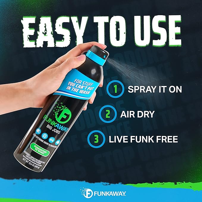 FunkAway Big Jobs Aerosol Spray, 13.5 oz., 3 Pack, Extreme Odor Eliminator Spray, Ideal for Shoe Smells, Pet Odors and Large Stuff that Won't Fit in the Wash; Attacks Musty Odors at the Source