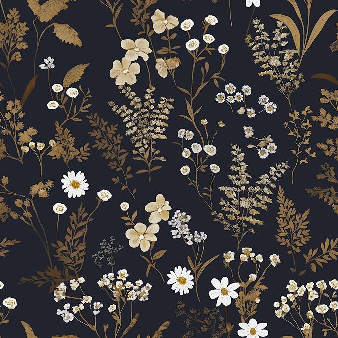 Laatse Dark Floral Wallpaper Peel and Stick 17.5" x 393" Navy Gold Leaf Wallpaper Vinyl Waterproof Self-Adhesive Boho Botanical Wall Paper Navy Blue Decor for Bathroom Bookcase Bedroom Cabinet