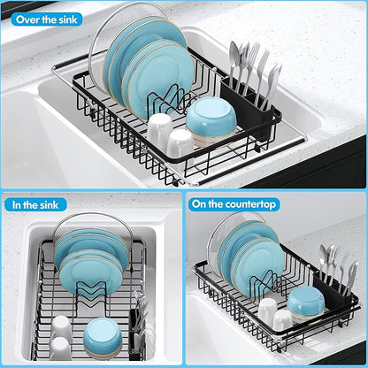 Expandable Stainless Steel Dish Drying Rack Over The Sink For Small Kitchen, Counter Space Saving Compact Black Metal Plate Drain Strainer, Adjustable Hanging In Sink Rust Proof Wire Dryer Holder