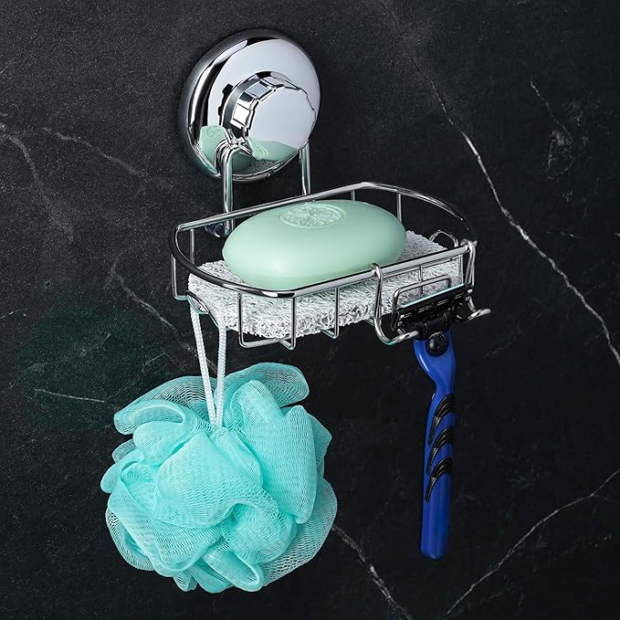 HASKO Suction Cup Soap Dish for Shower Wall, Rustproof Stainless Steel Shower Soap Holder for Bathroom with Hooks and Soap Saver, Includes Optional No Drill Adhesive Mount, Silver