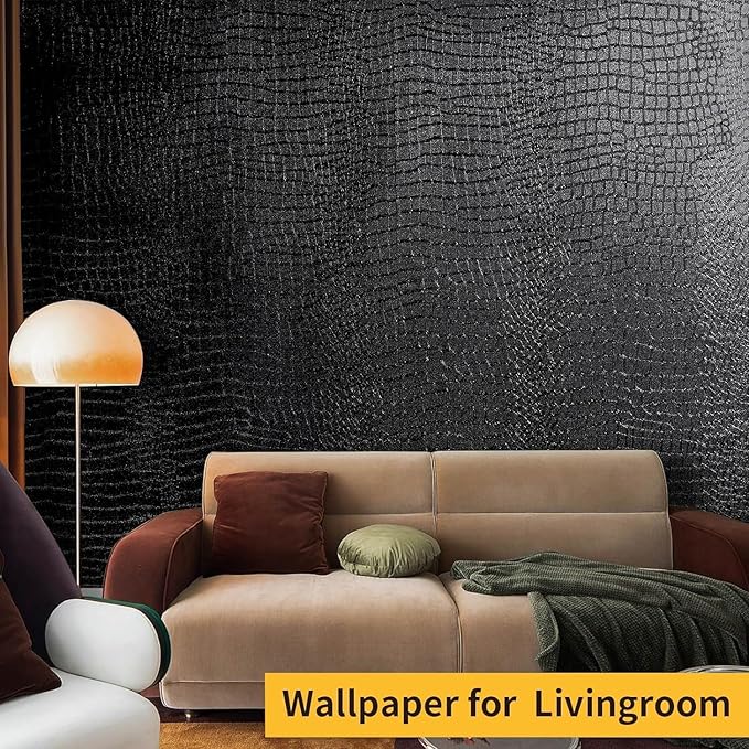 Black Peel and Stick Wallpaper, 15.7" X 78.7", Embossed Crocodile Wallpaper, Easy Peel Off, Self-Adhesive, Removable Contact Paper, Textured for Cabinet, Bedroom