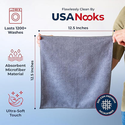 USANOOKS Microfiber Cleaning Cloth Grey - 50 Pcs (12.5"x12.5") - High Performance - 1200 Washes, Ultra Absorbent Microfiber Towel Weave Grime & Liquid for Streak-Free Mirror Shine - Car Washing Cloth