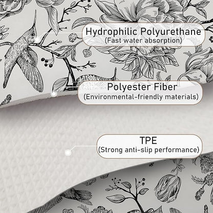 Black and White Floral Hummingbird Dish Drying Mat, Vintage Botanical Coffee Bar Mat for Countertops, Bird Flower Absorbent Dish Drying Mats for Kitchen Counter Coffee Maker, 16x24 Inch