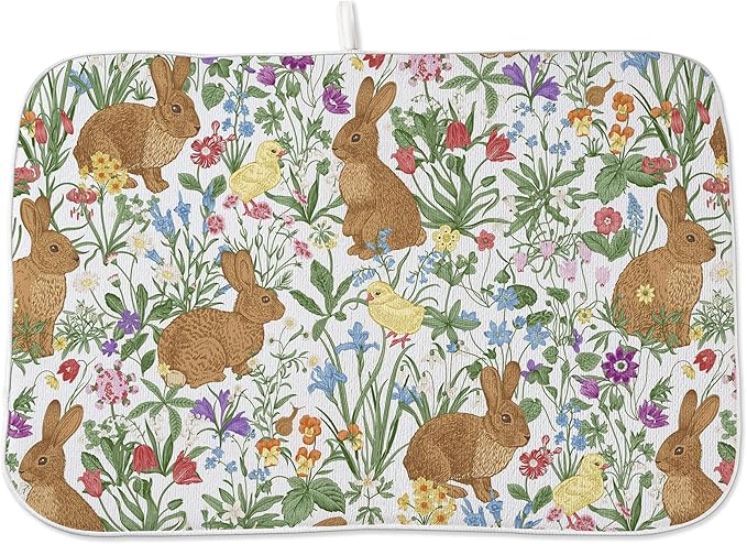 Spring Dish Drying Mat 18x24 Inches For Kitchen Counter Absorbent Brown Rabbit Floral Kitchen Easter Bunny Flower Drying Mat Pad For Home Kitchen,Dining Room,Office Decoration