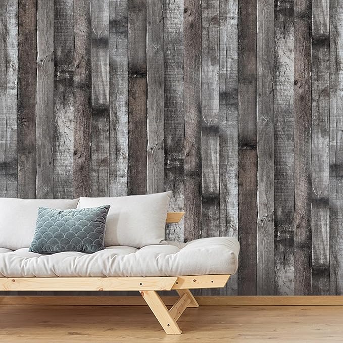Yun-aeon Natural Wood-Dark Grey Wood Contact Paper Peel and Stick Wallpaper 17.3"x 236"Self Adhesive Removable Vintage Faux Wood Wall Paper Plank Shelf Home Decoration Kitchen Counter Cover Use