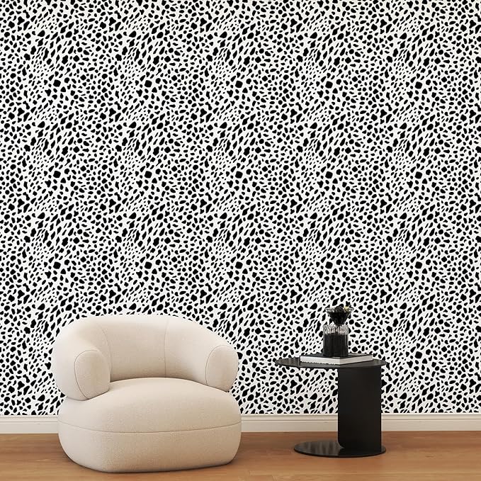 Vinjiasin Black and White Dalmatian Peel and Stick Wallpaper – Modern Spot Print Removable Wallpaper for Bedroom, Nursery, Bathroom & Accent Walls, Self Adhesive Waterproof Wall Decor,17"x120"