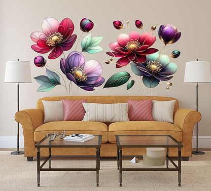 Boho Flower Wall Stickers Wildflower Floral Grass Peel and Stick Wall Stickers Living Room Bedroom Nursery Wall Decor (Red)