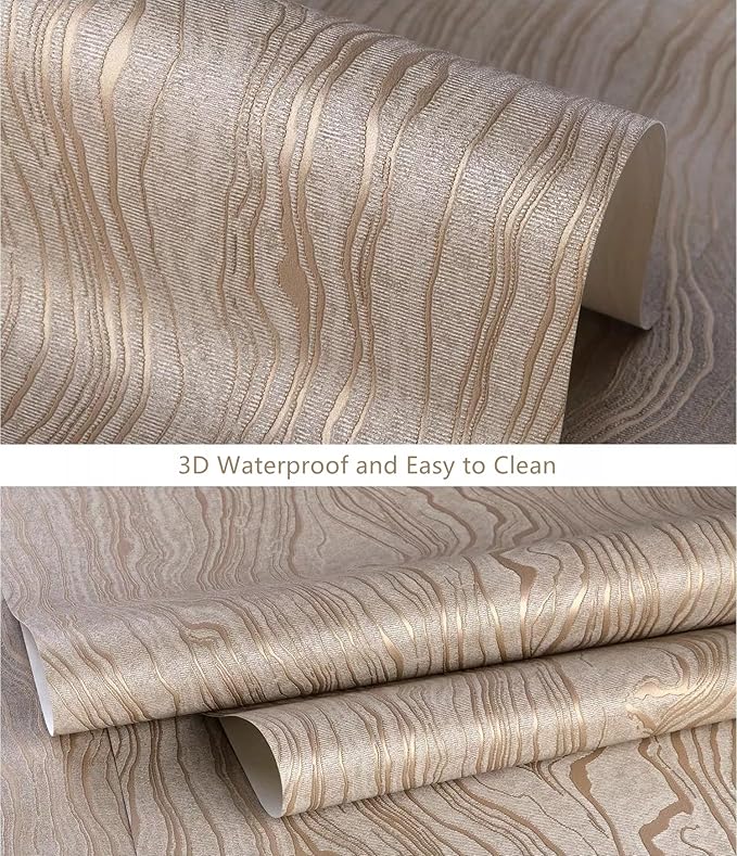Gold Khaki Wood Peel and Stick Wallpaper Stripe, 20.8" x 118" (53cm x300cm), Removable, Self-Adhesive, 3D, Modern, Rustic, Industrial, Bathroom, Bedroom, Decorating
