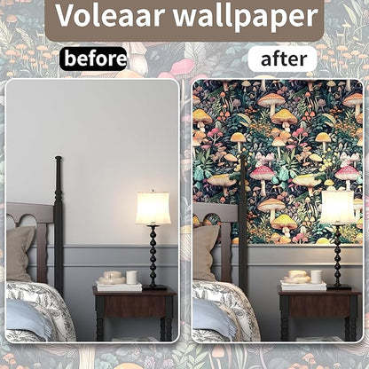 Mushroom Peel and Stick Wallpaper, Colorful Floral Contact Paper, Vintage Floral Woodland Wallpaper Stick on Bathroom Cabinet Drawer, Removable Vinyl Wallpapers Green Orange Red 17.5"x 118"