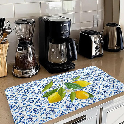 Blue and White Floral Lemon Dish Drying Mat, Mediterranean Tiles Coffee Bar Mat for Countertops, Lemons Absorbent Dish Drying Mats for Kitchen Counter Coffee Maker, 16x24 Inch