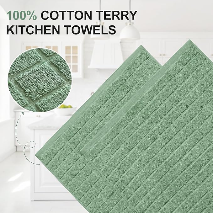 Homaxy Premium Cotton Kitchen Towels 16"x 28", Large Natural Ring Spun 390 GSM Dish Towels, Super Absorbent Terry Kitchen Hand Towels, Soft Tea Towels with Hanging Loop, Pure Grass Green, 6 Pack