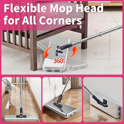 Flat Mop and Bucket for Home with Extra Refills, Stainless Steel Mop and Bucket with Wringer, Hands-Free Mop, Wet and Dry Use Mop with Long Handle (Purple)