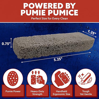 PUMIE Pumice Scouring Stick for Cleaning Toilet Bowl Rings & Hard Water Stains, Bathroom, Pools & Tubs, Pumice Stone for Toilet Cleaning, Rust, Grills, Food Build Ups, Pack of 4, includes Scouring Pad