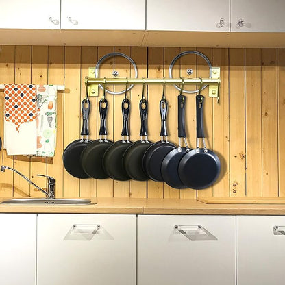 Dseap Kitchen Utensil Holder Hanger, Pot and Pan Rack Wall Mounted, Kitchen Rail with 8 Hooks for Hanging Cooking Utensils, Mugs, Spoons, Wall Mounted,Champagne Color, Pack of 2
