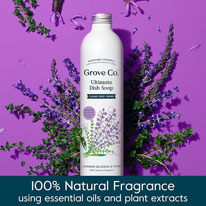 Grove Co. Ultimate Dish Soap Refills (3 x 16 Fl Oz) Removes 48-hour Stuck-on Food and Grease, Plastic-Free Cleaning Products, 100% Natural Lavender Blossom & Thyme Fragrance
