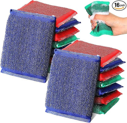 Roshtia Steel Wool Scrub Sponges for Kitchen, 16 Pack Non-Scratch Dish Sponges Multipurpose Cleaning Scrubbers for Dishes, Pots, Pans and Hard Stains, Color Random