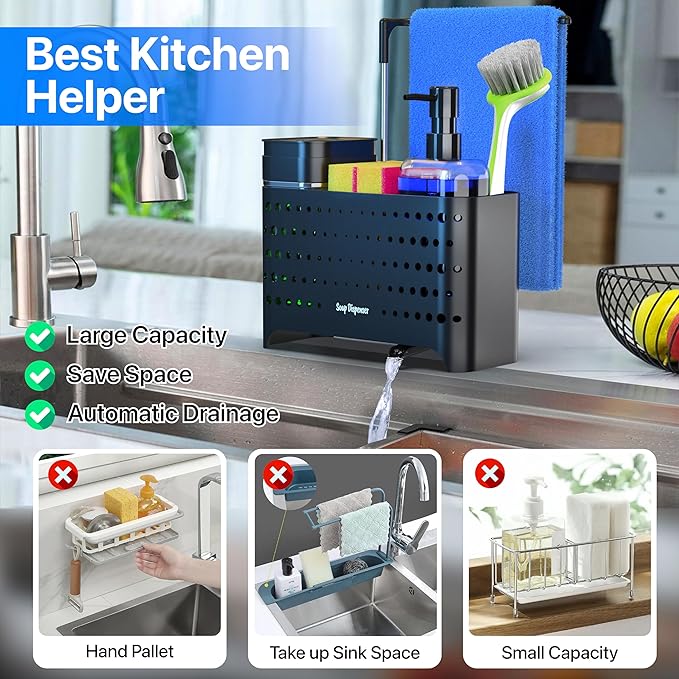 YAN & HIN Dish Soap Dispenser Set with Sponge Holder for Kitchen Sink, 5-in-1 Sink Caddy Organizer with Drain Tray, Brush Holder & Towel Rack, Space Saving Kitchen Counter Organizer