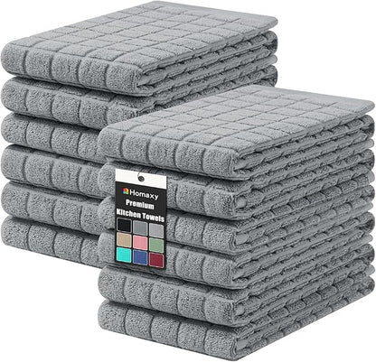 Homaxy Premium Cotton Kitchen Towels 16"x 28", Large Natural Ring Spun 390 GSM Dish Towels, Super Absorbent Terry Kitchen Hand Towels, Soft Tea Towels with Hanging Loop, Pure Grey Design, 12 Pack