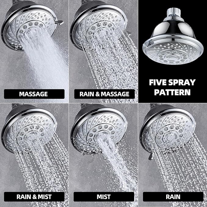 High Pressure Shower Head, 5-Spray Mode Adjustable Showerhead with 4-Inch Round Head, High Flow Handheld Shower for Low Water Pressure, Easy Install & Clean, Round Chrome