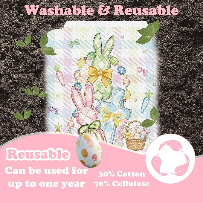 Easter Swedish Dishcloths for Kitchen, 6 Pack Colorful Buffalo Plaid Bunny Rabbit Reusable Paper Towels, Spring Farmhouse Swedish Dish Cloths Super Absorbent Cellulose Sponge Cloths