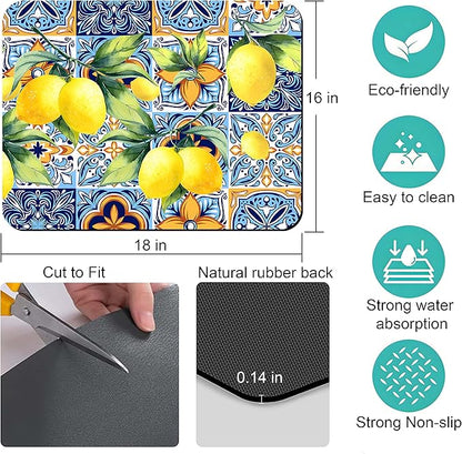 Rubber Dish Drying Mat for Kitchen Counter Large Lemon Washable Quick Home Coffee Pad Fit Under Sink,Bar,Utensils 16x18in