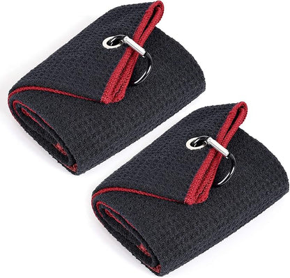 Mile High Life Tri-fold Golf Towel | 16" X 24" | Premium Microfiber Fabric | Waffle Pattern | w Heavy Duty Carabiner Clip | for Men and Women (2 Pack Black/Red)
