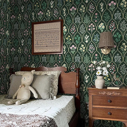 Dimoon 17.3''x78.7'' Peel and Stick Wallpaper Floral Contact Paper Vintage Wallpaper Green Pink Renter Friendly Waterproof Upgrade Embossed Self Adhesive Kitchen Bedroom Cabinet
